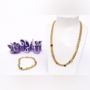 Elegant Gold-Tone Necklace with Multicolor Accents and Matching Bracelet